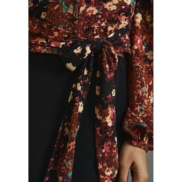 NWT Anthropologie Balloon-Sleeve Blouse Open Back Tie Belt Top Multicolor XXS - Picture 4 of 14